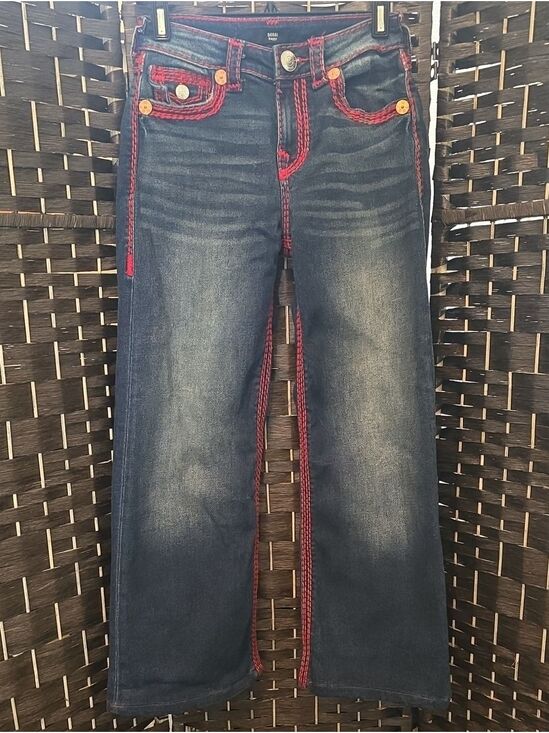 True Religion Denim - True Religion Bobbi Super Q Baggy Flap Jeans Red Stitch Low Rise Size 24